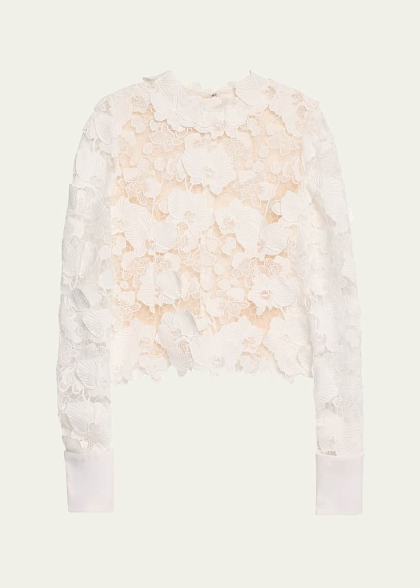 Oscar de la Renta Guipure Lace Long Sleeve Blouse