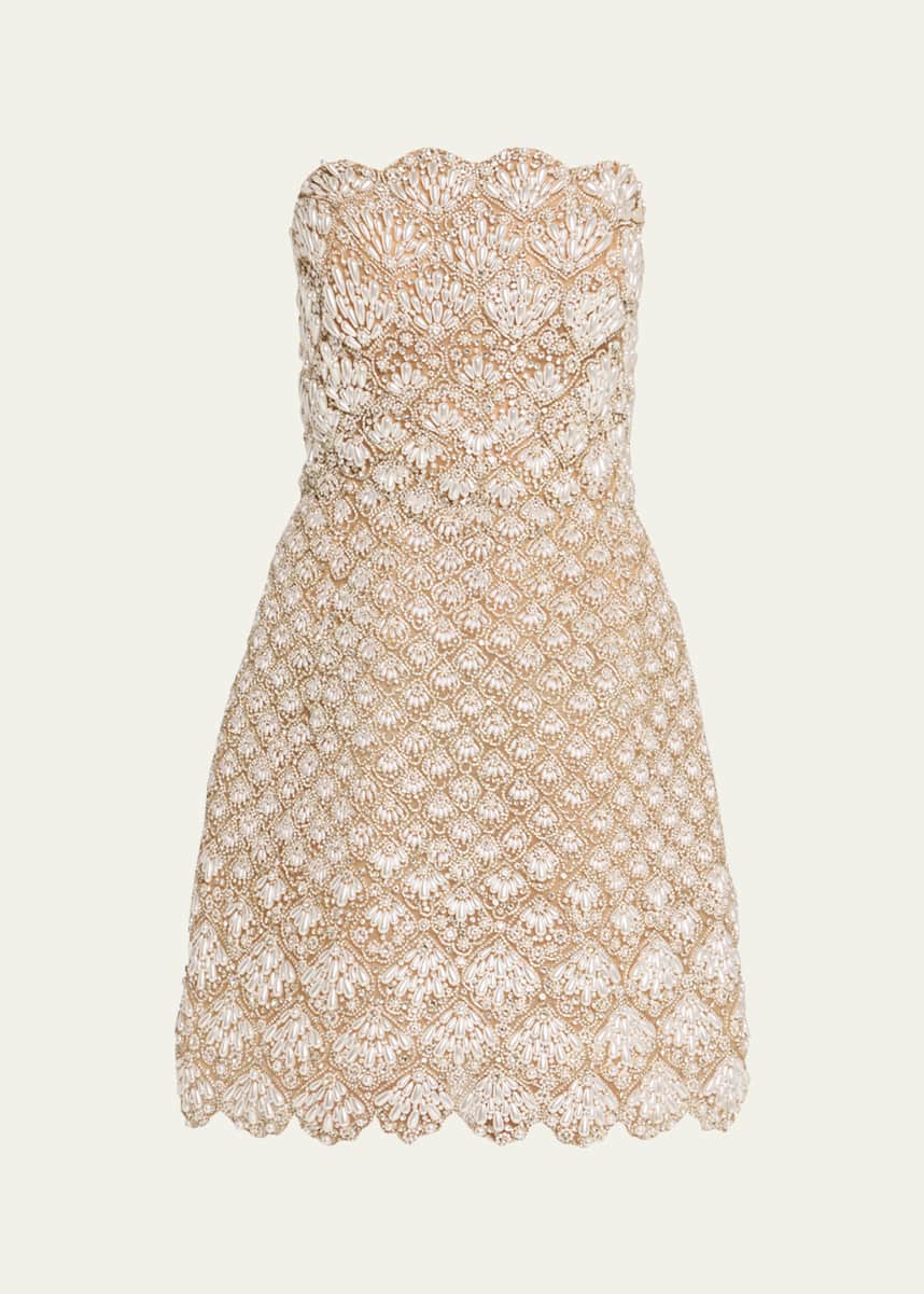 Oscar de la Renta Pearly Scallop Strapless Mini Cocktail Dress