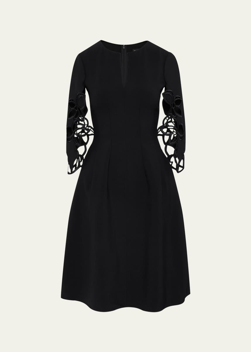 Oscar de la Renta Lace Embroidered Three-Quarter Sleeve Wool Dress