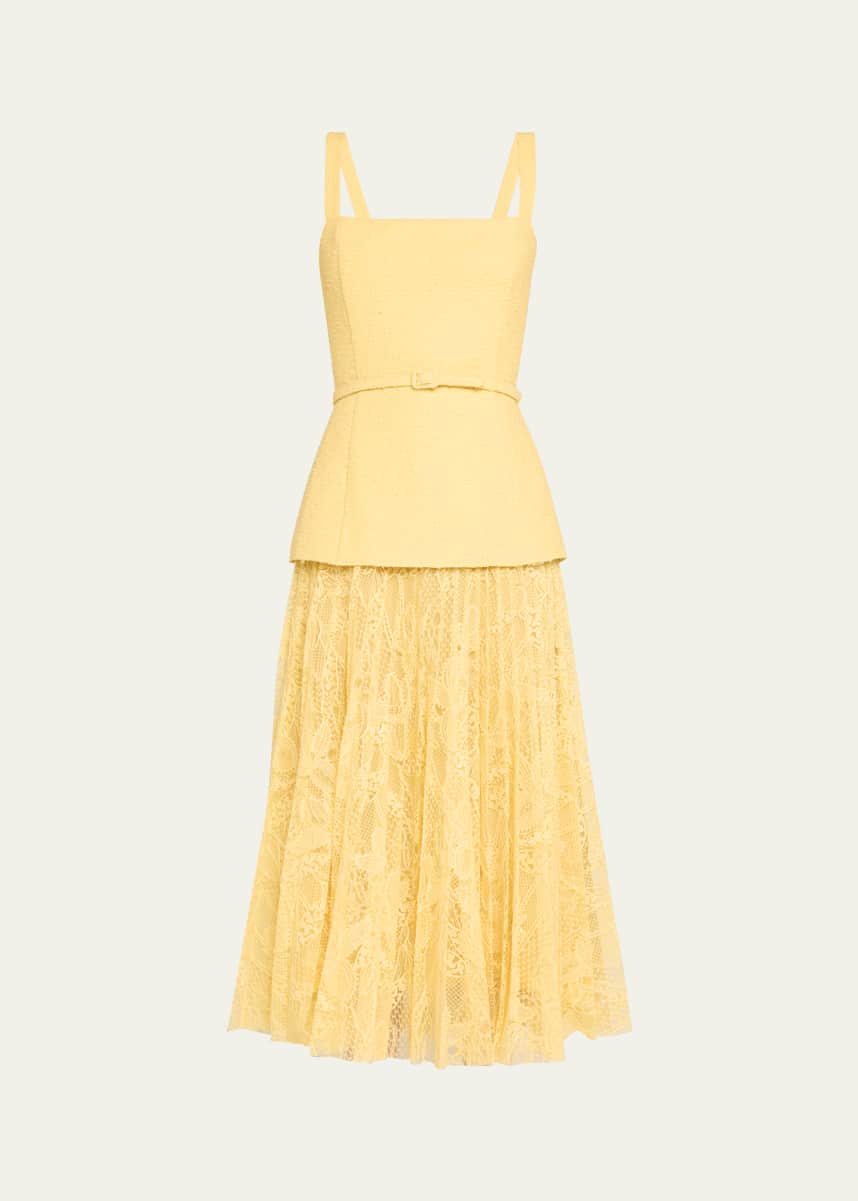 Oscar de la Renta Square-Neck Tweed and Pleated Lace Midi Dress