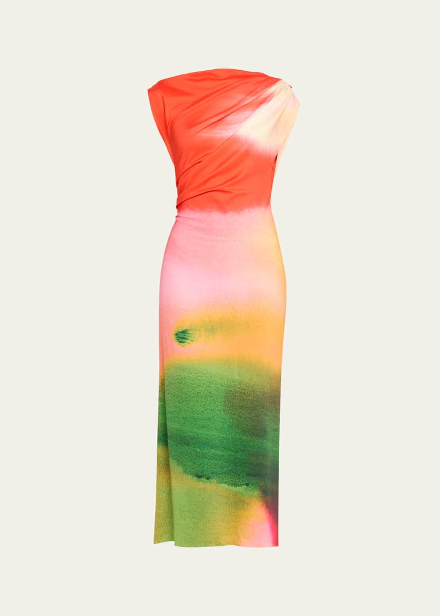 Oscar de la Renta Draped Abstract Watercolor Jersey Dress
