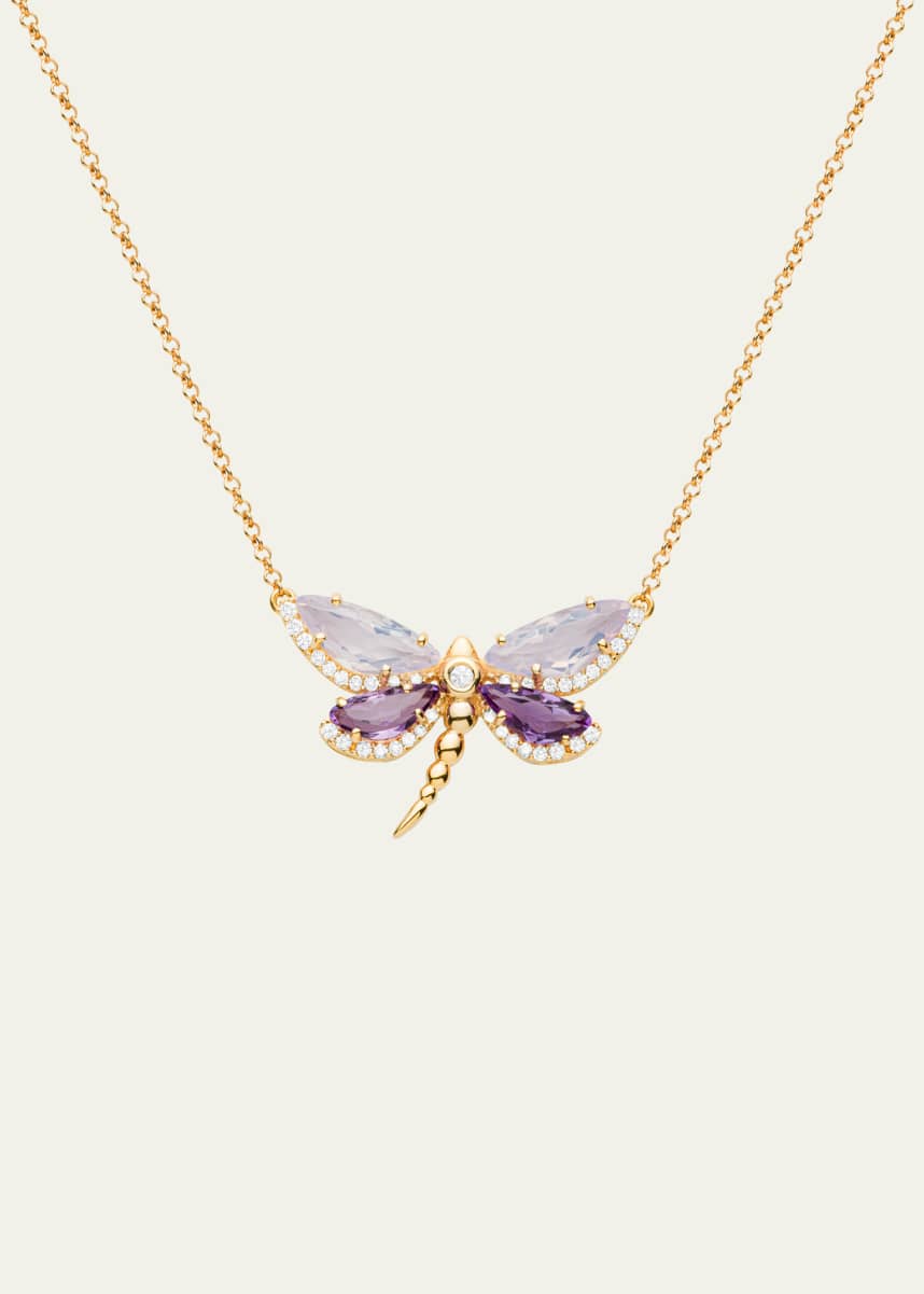 Daniella Kronfle 18K Rose Gold Medium Dragonfly Necklace with Opalose Quartz, Amethyst and Diamonds