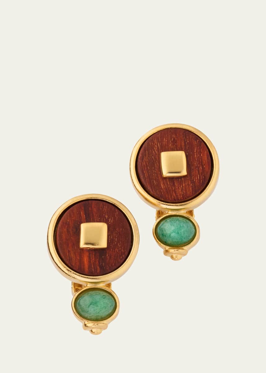 Ben-Amun Gold Plated Wood Circle Clip Earrings with Green Semi Precious Stone