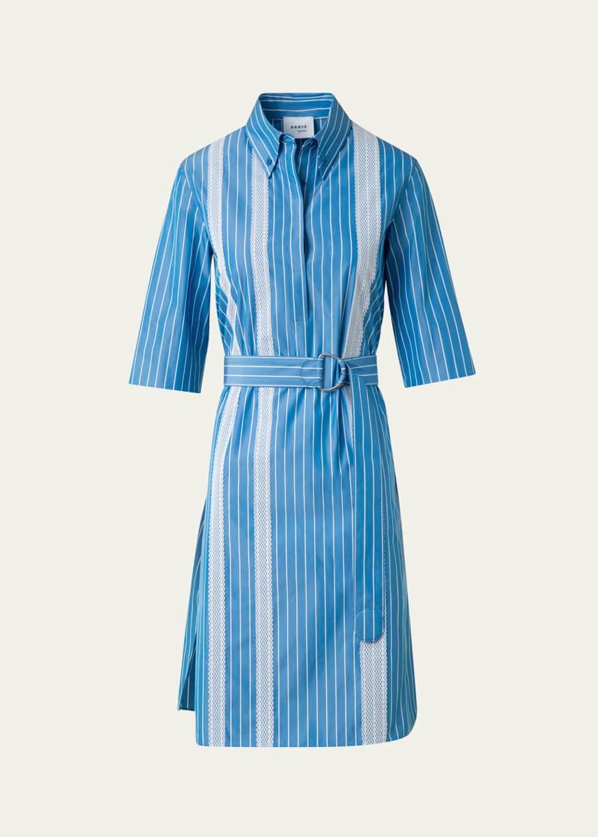 Akris punto Striped Cotton Poplin Belted Short-Sleeve Shirtdress