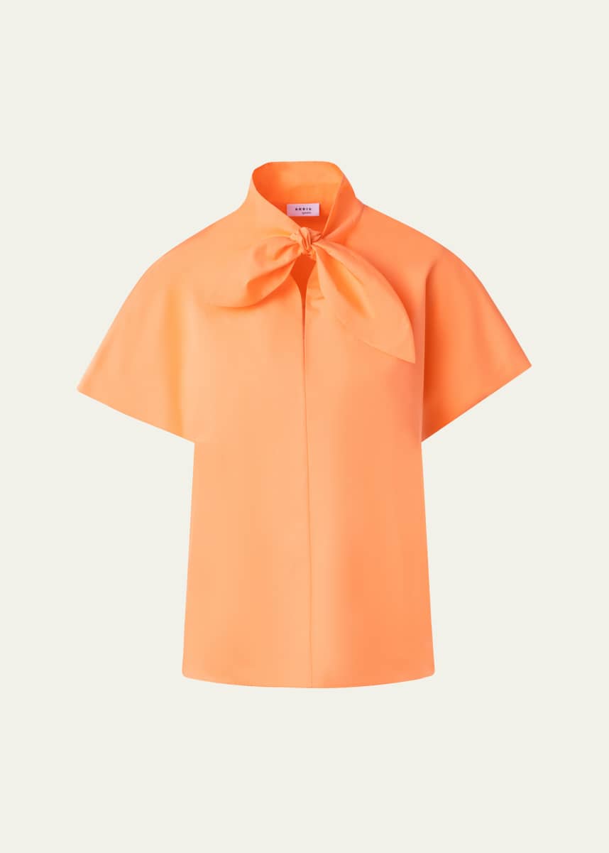 Akris punto Neck-Tie Cap-Sleeve Cotton Poplin Blouse