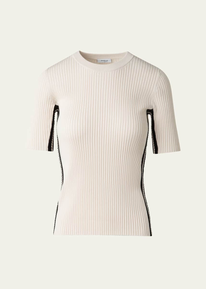 Akris punto Crochet Stripe Rib Knit Short Sleeve Sweater