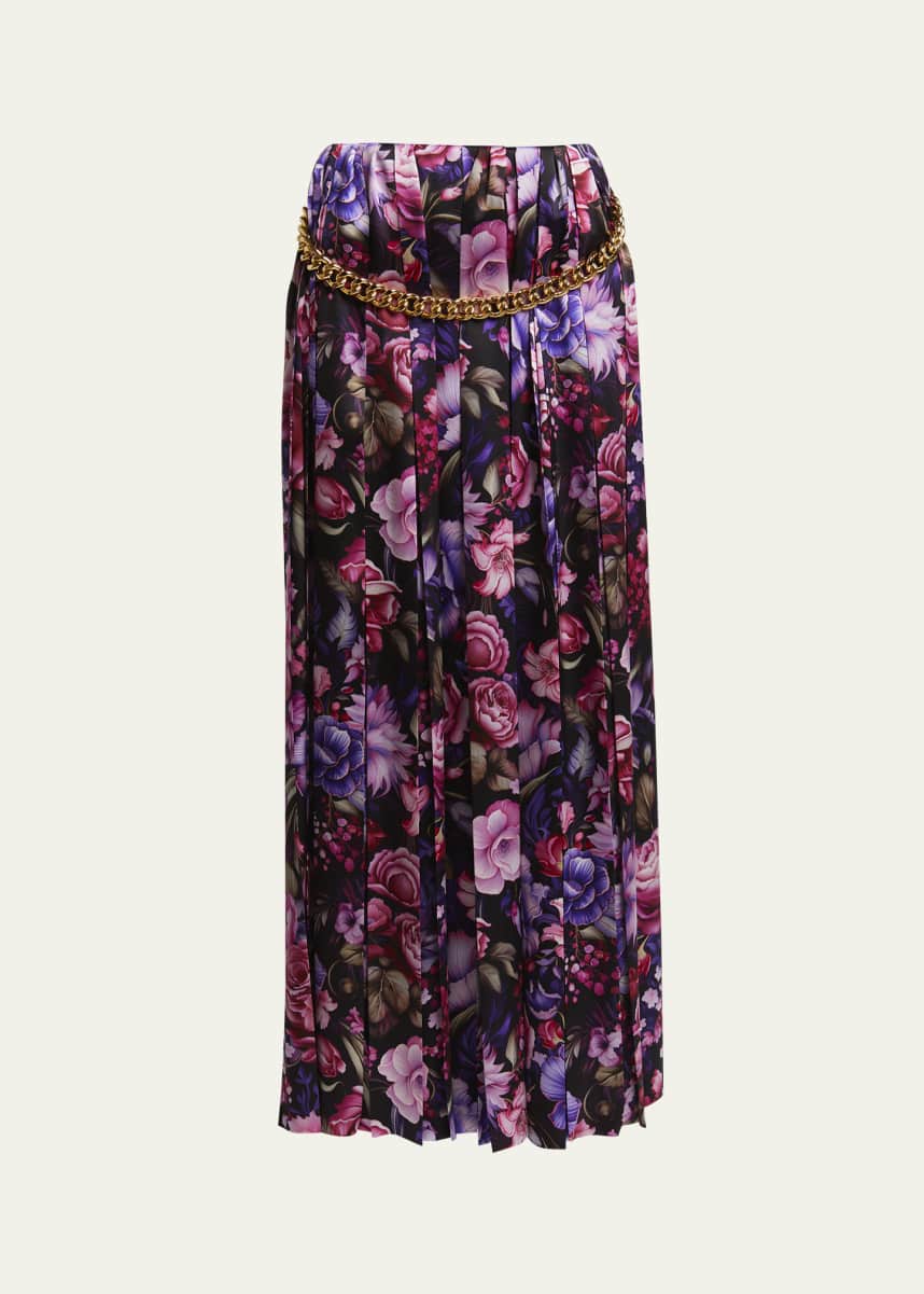 Balenciaga Floral Print Pleated Long Silk Skirt with Chunky Chain