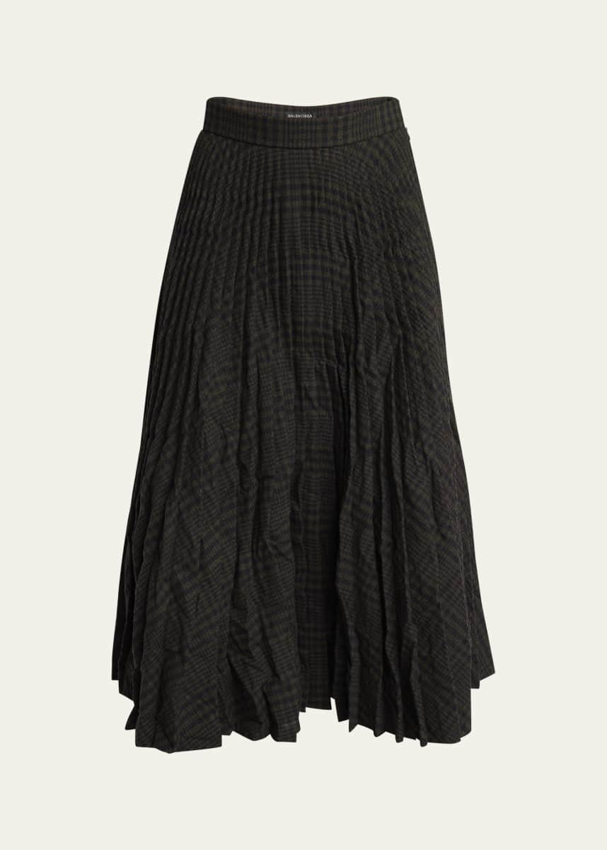 Balenciaga Pleated Vintage Check Wool Midi Skirt