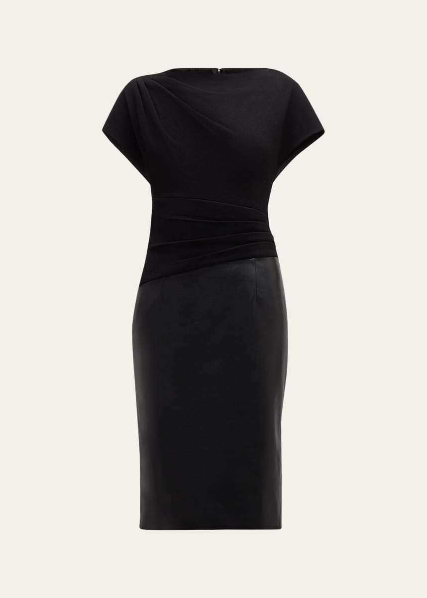 Rickie Freeman for Teri Jon Pleated Crepe and Vegan Leather Dress