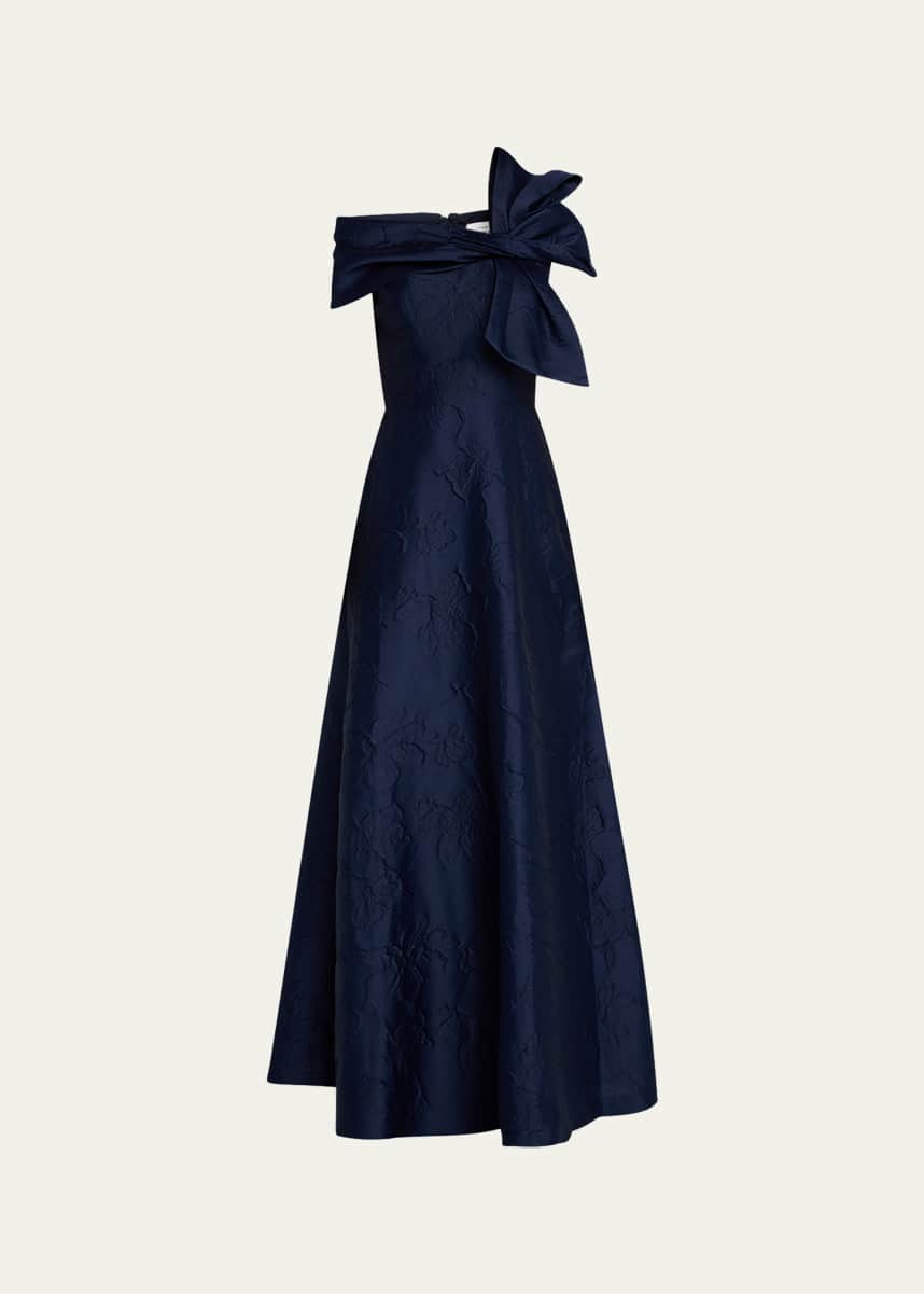 Rickie Freeman for Teri Jon Off-Shoulder Floral Jacquard Bow Gown