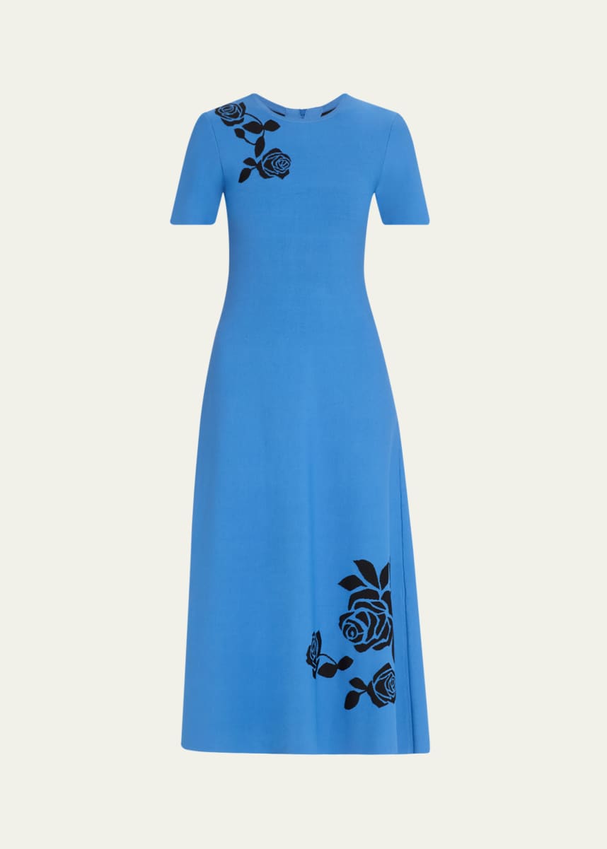Lela Rose Rose Jacquard Short-Sleeve Midi Dress