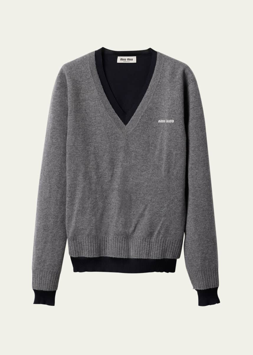 MIU MIU ダークグレー Vネック ニット 38 Miu Miu Layered V-Neck Oversized Cashmere Sweater - Bergdorf Goodman