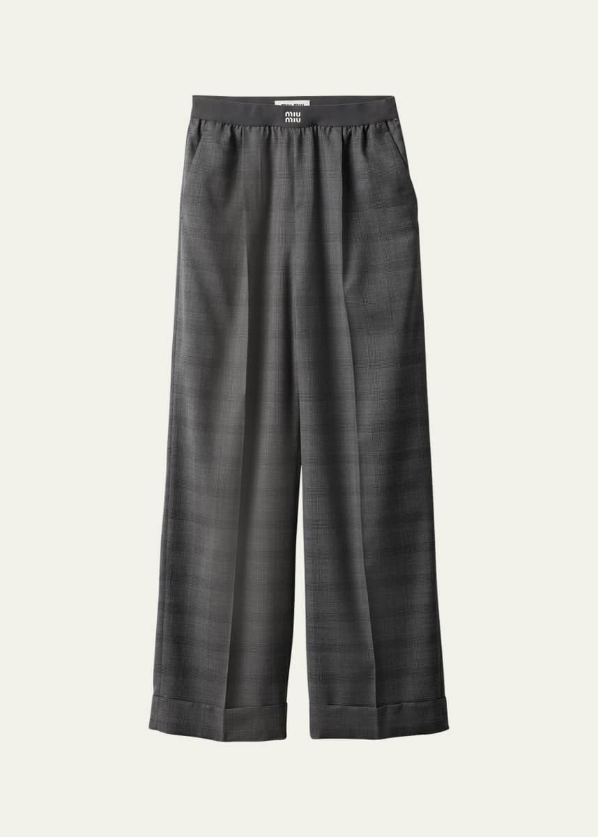 Miu Miu Prince of Wales Wide Leg Wool Trousers with Elastic Waistband