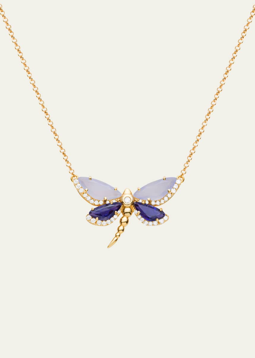 Daniella Kronfle 18K Rose Gold Medium Dragonfly Necklace with Chalcedony, Iolite and Diamonds