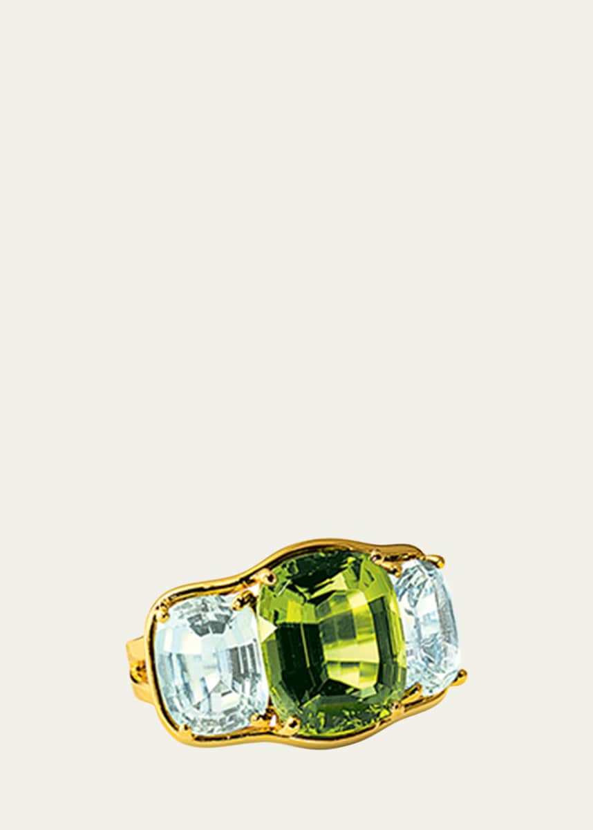 Verdura 18K Yellow Gold Peridot and Blue Topaz 3 Stone Ring, Size 6