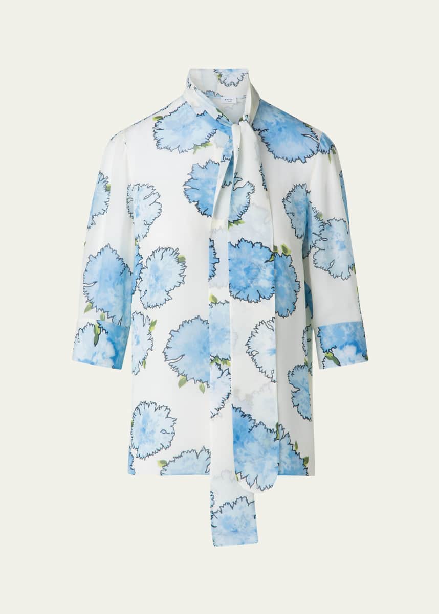 Akris punto Tie-Neck Carnation Print Silk Chiffon Blouse