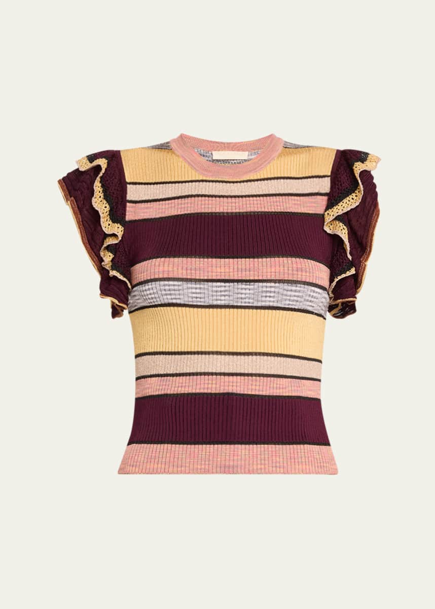 Ulla Johnson Cecile Striped Ruffle Rib Knit Top