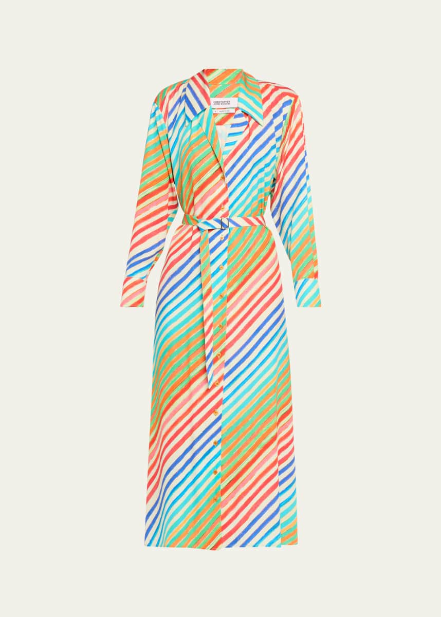CHRISTOPHER JOHN ROGERS Rainbow Striped Waist-Tie Bias Midi Shirtdress
