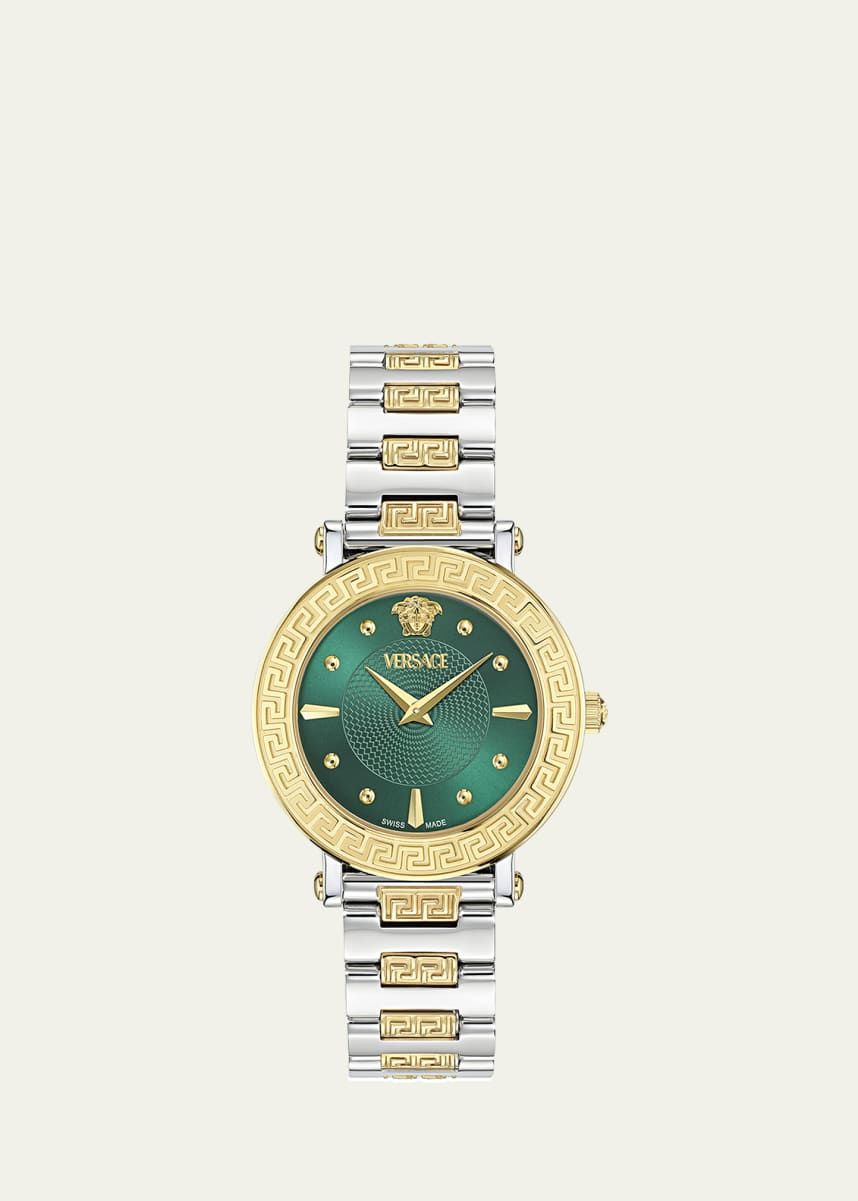 Versace 35mm Greca Sphere Watch with Bracelet Strap, Two Tone/Green