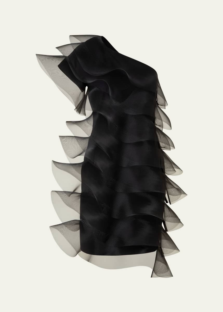 Akris Tiered Diagonal Crinoline Ruffles One-Shoulder Mini Dress
