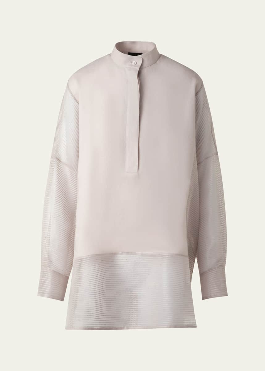 Akris Mixed-Media Linen Toile Striped Organza Tunic Blouse
