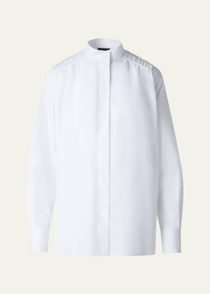 Akris Gathered Shoulder Button Down Poplin Blouse