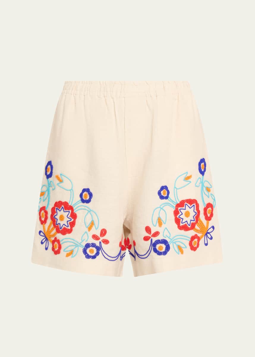 Bode Beaded Garden Party Linen Shorts