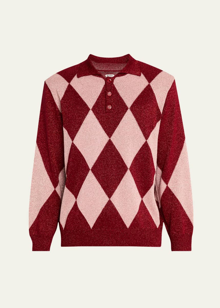 Bode Men's Lurex Argyle Knit Polo Shirt