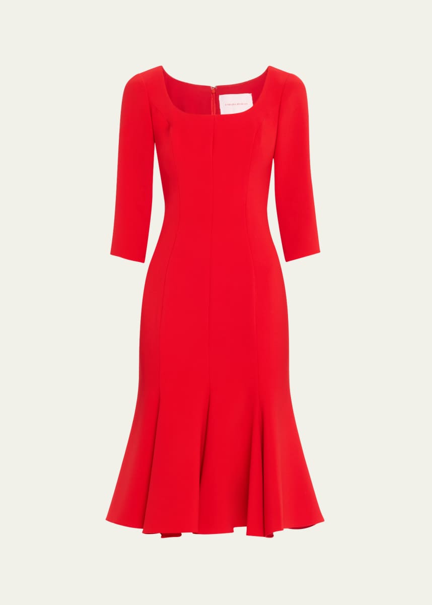 Carolina Herrera Square-Neck 3/4-Sleeve Midi Trumpet Dress