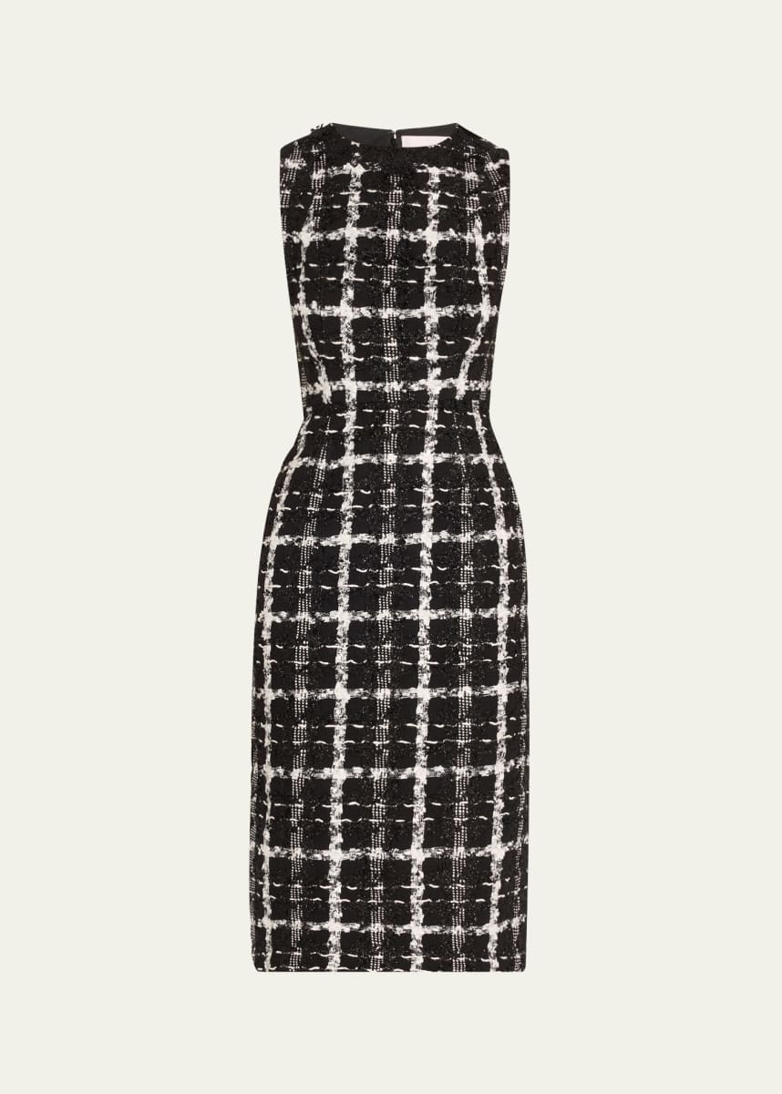 Carolina Herrera Metallic Check Tweed Sleeveless Midi Dress