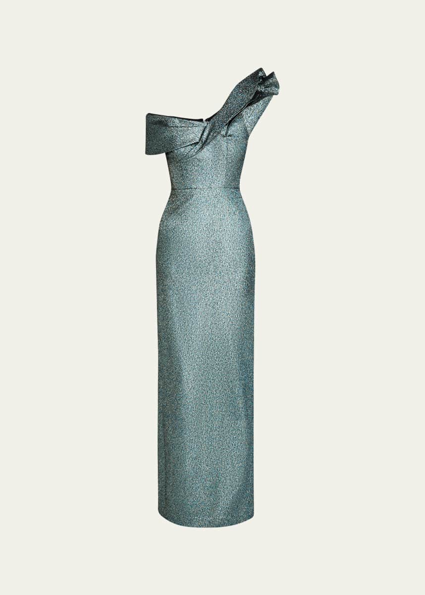 Rickie Freeman for Teri Jon One-Shoulder Metallic Jacquard Column Gown