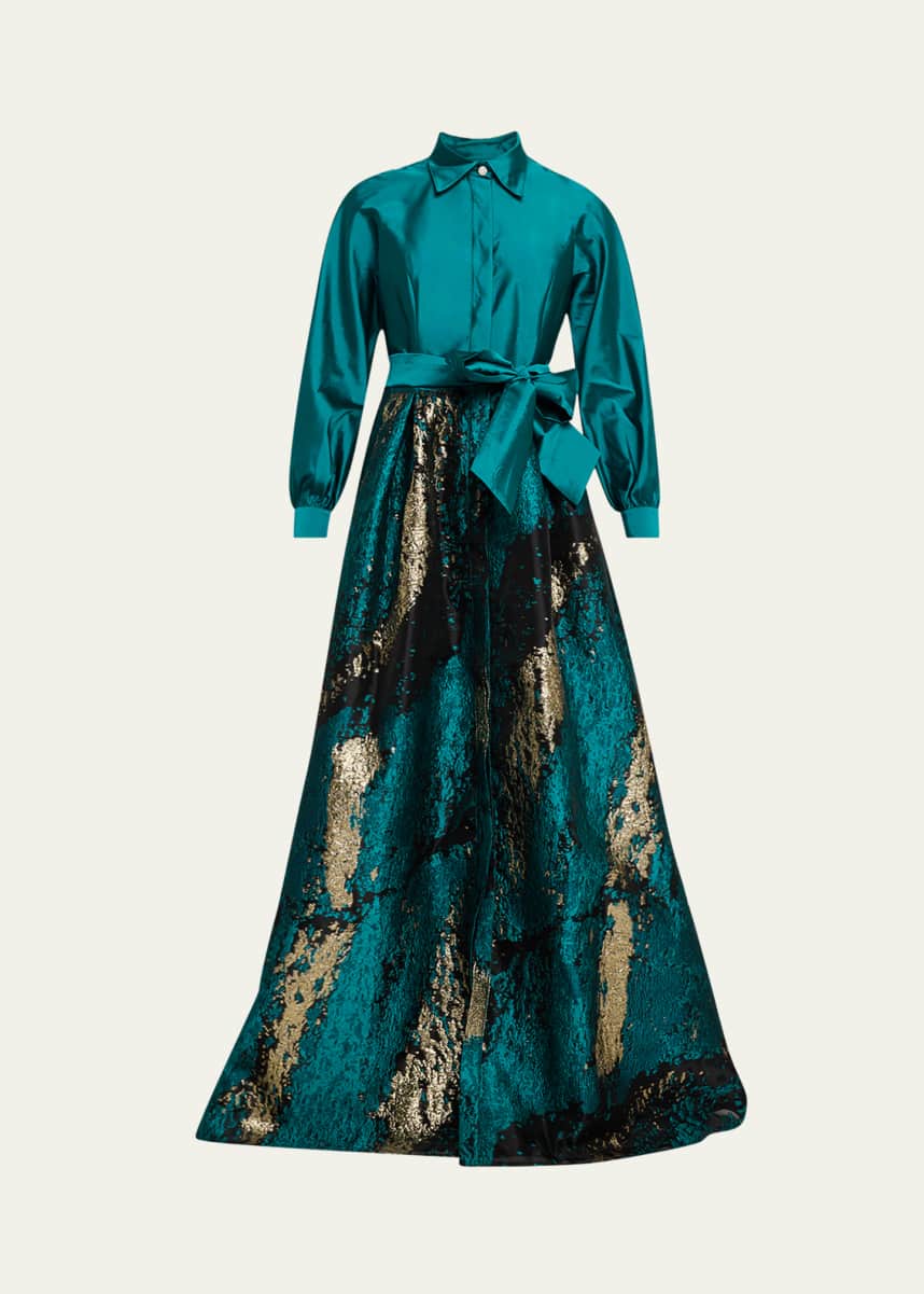 Rickie Freeman for Teri Jon A-Line Taffeta & Metallic Jacquard Shirt Gown