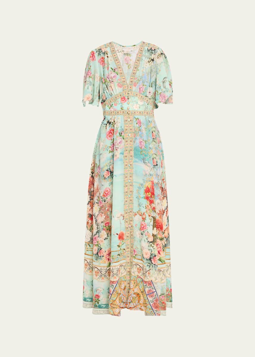 Camilla Jewellery Museum Shaped-Waistband Dress with Flutter Sleeves
