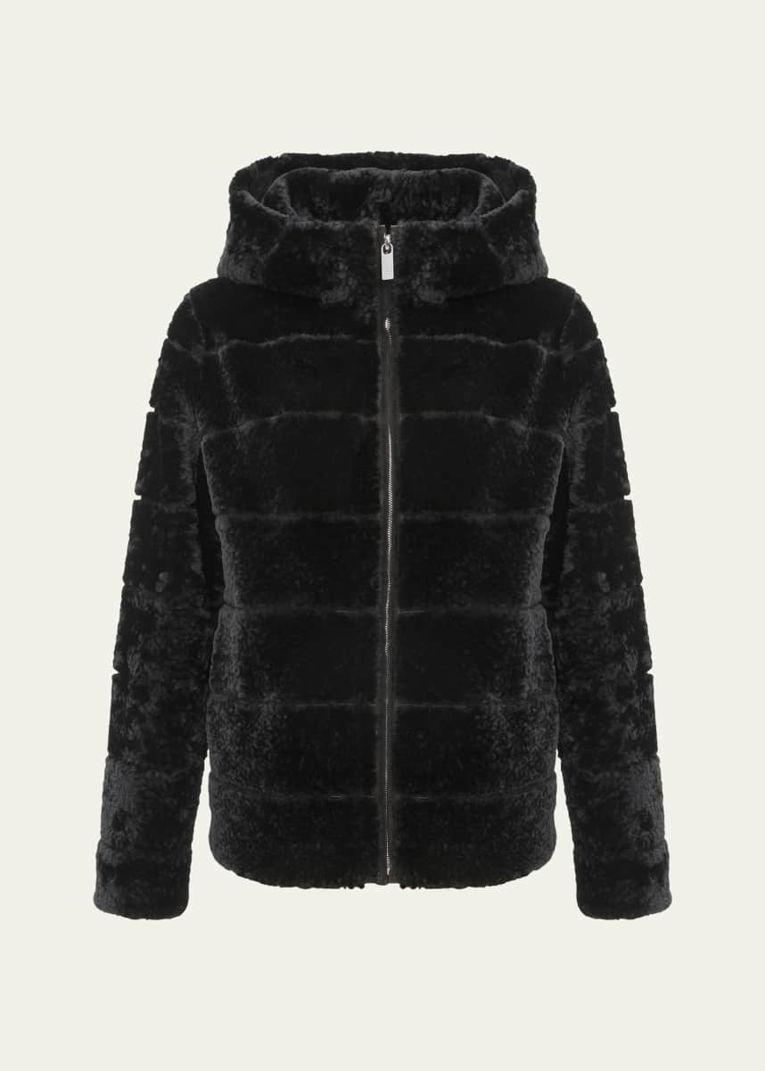 Gorski Horizontal Curly Shearling Lamb Zip Hooded Jacket