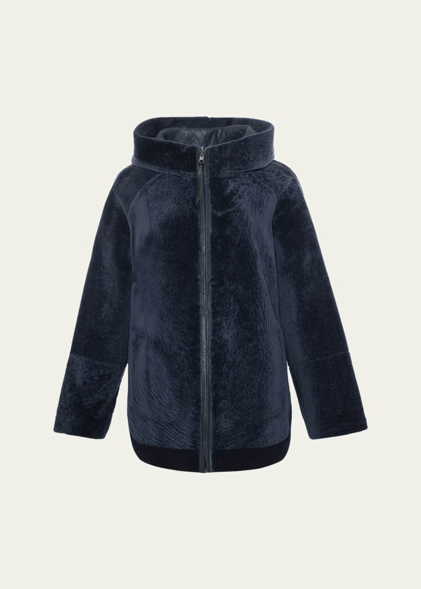 Gorski Reversible Textured Shearling Lamb Zip Hooded Jacket