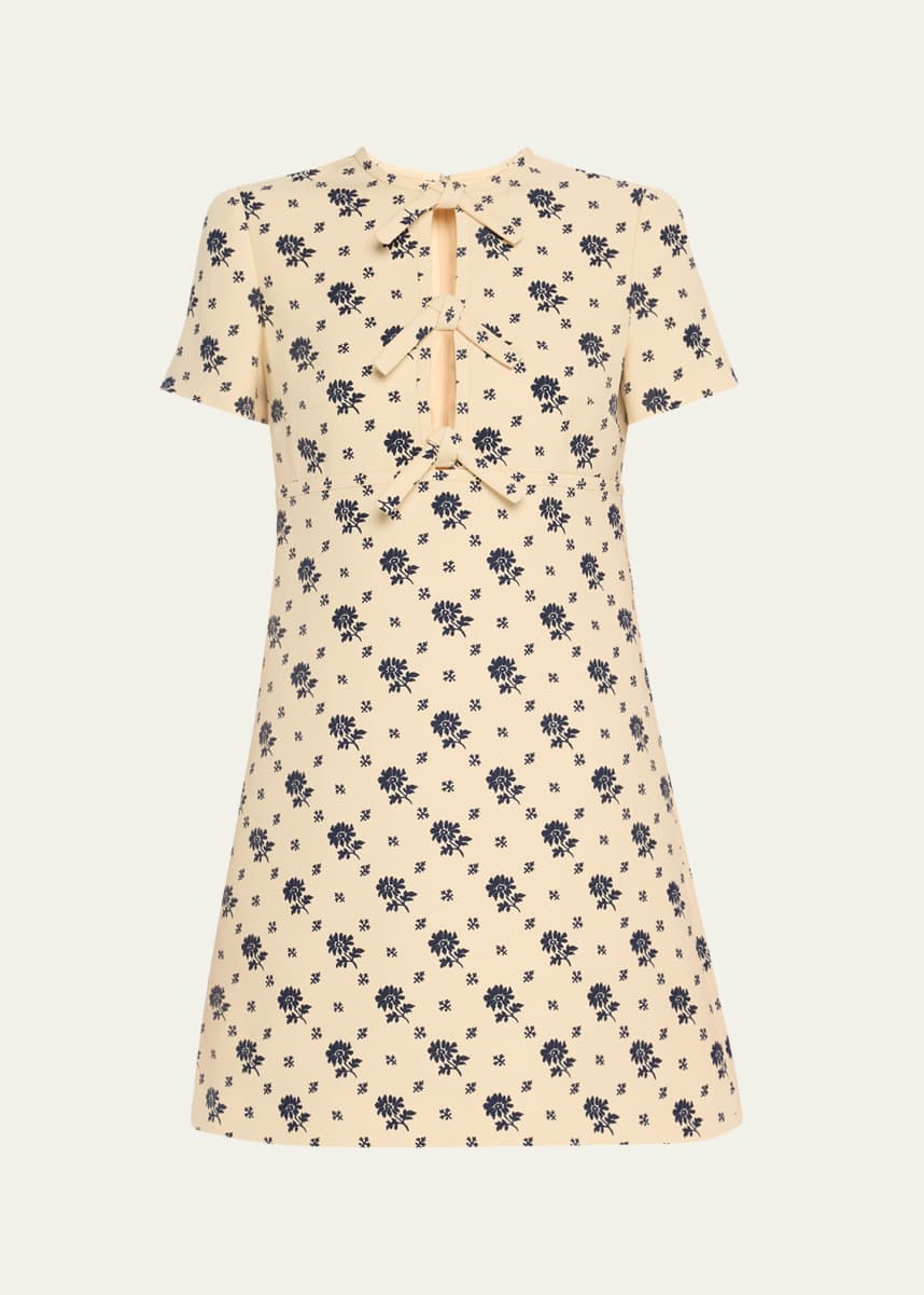 Valentino Garavani Floral Print Bow Keyhole Wool Mini Dress
