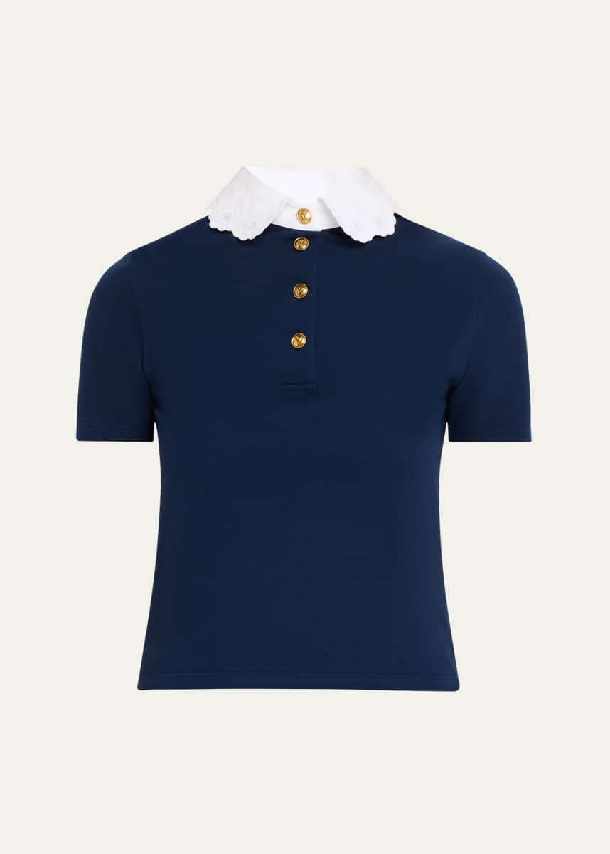 Valentino Garavani Lace-Collar Short-Sleeve Knit Polo Top