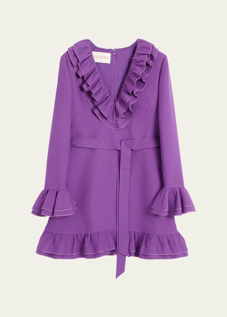 Valentino Garavani Tiered Ruffle V-Neck Wool Mini Dress