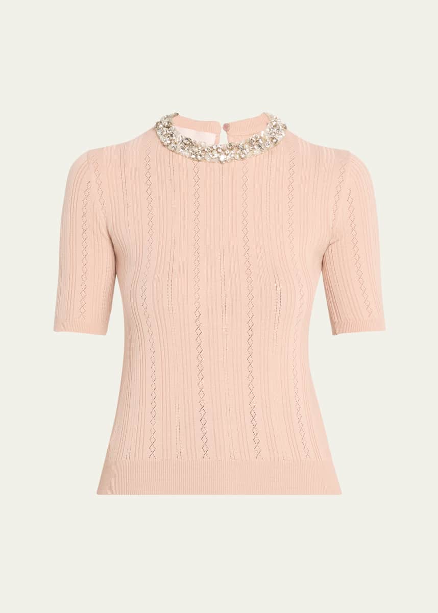 Valentino Garavani Crystal Collar Pointelle Knit Short-Sleeve Sweater