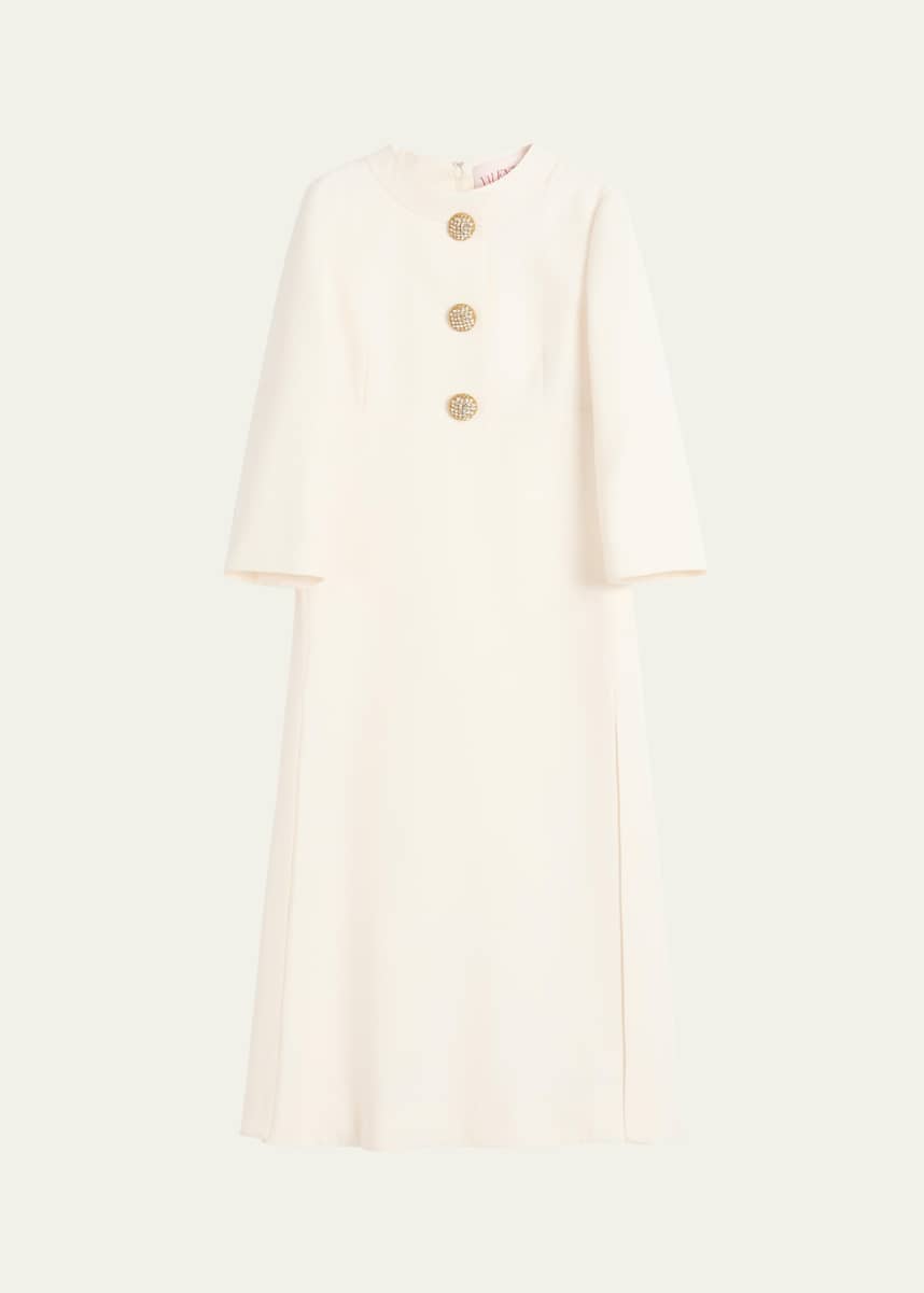 Valentino Garavani Quarter-Sleeve Brooch Wool Midi Dress
