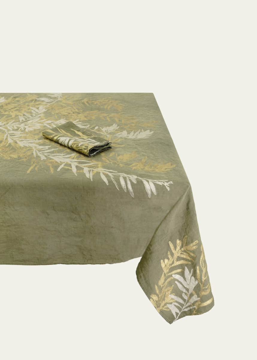 Stamperia Bertozzi Leccino on Green Painted Linen Tablecloth, 57" x 98"