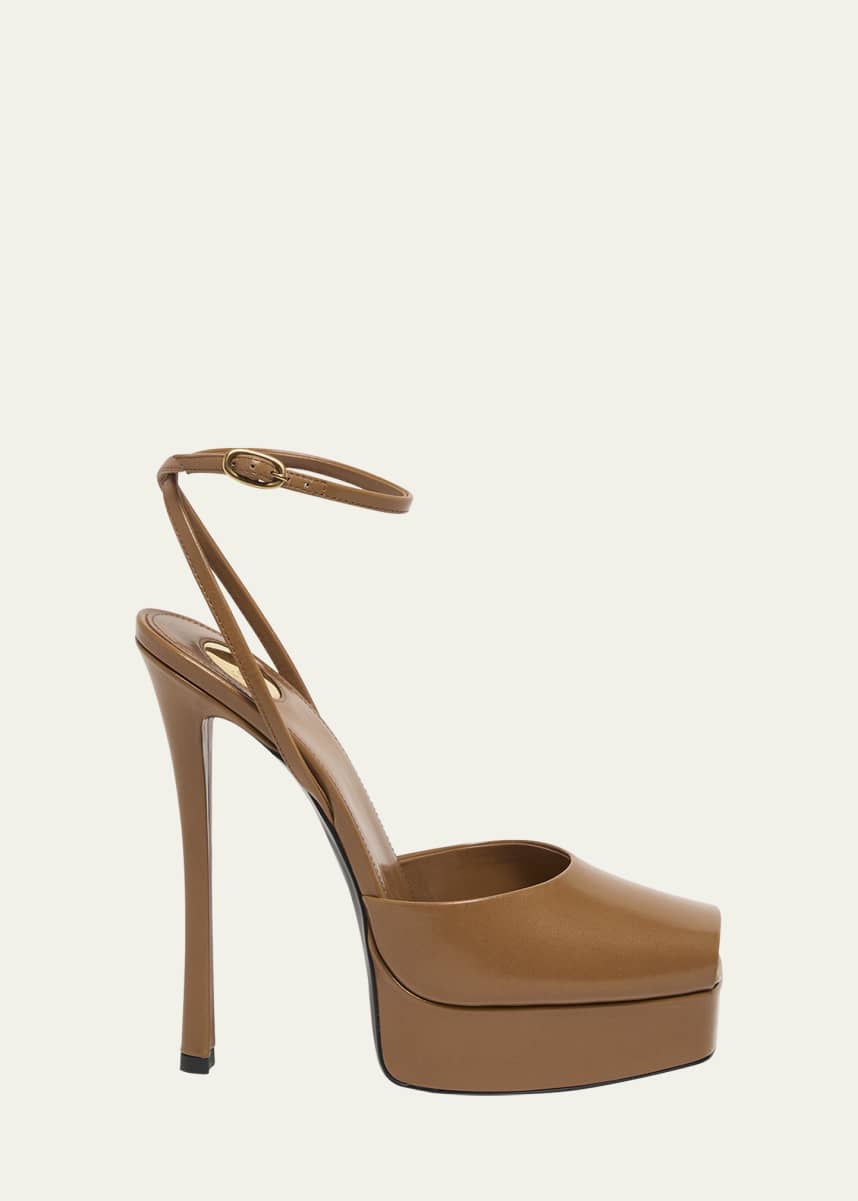 Saint Laurent La Scandale Leather Peep-Toe Platform Sandals