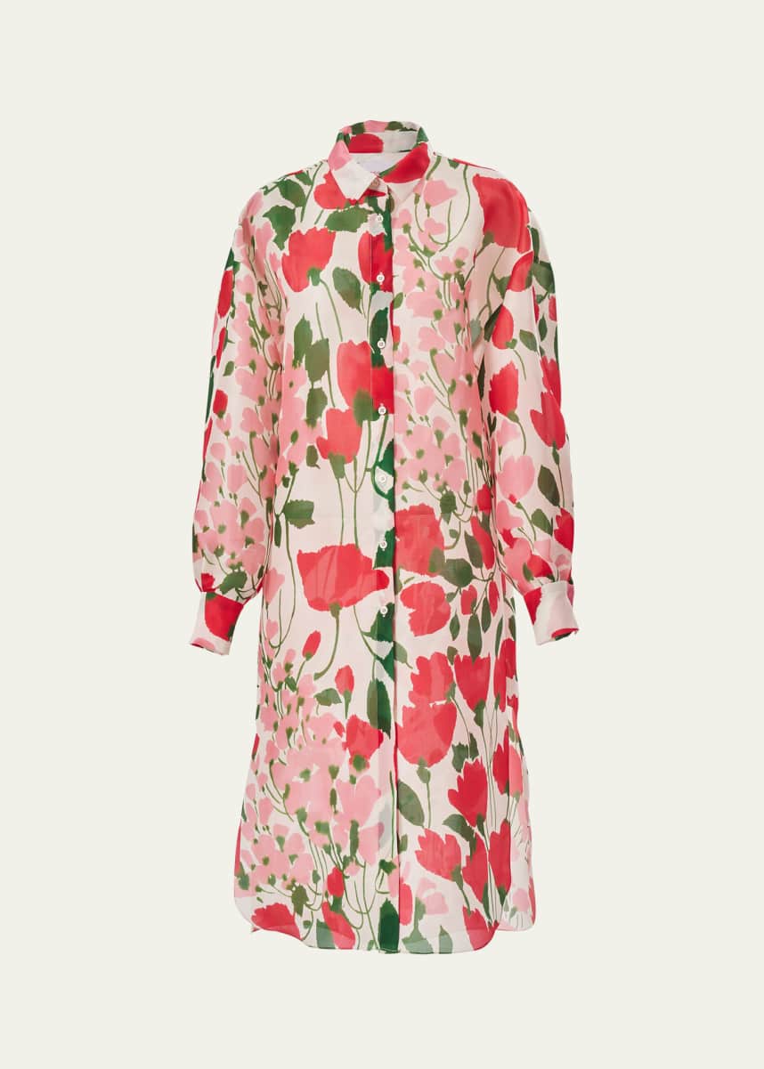 Carolina Herrera Rose Print Oversized Self-Belt Midi Shirt Dress