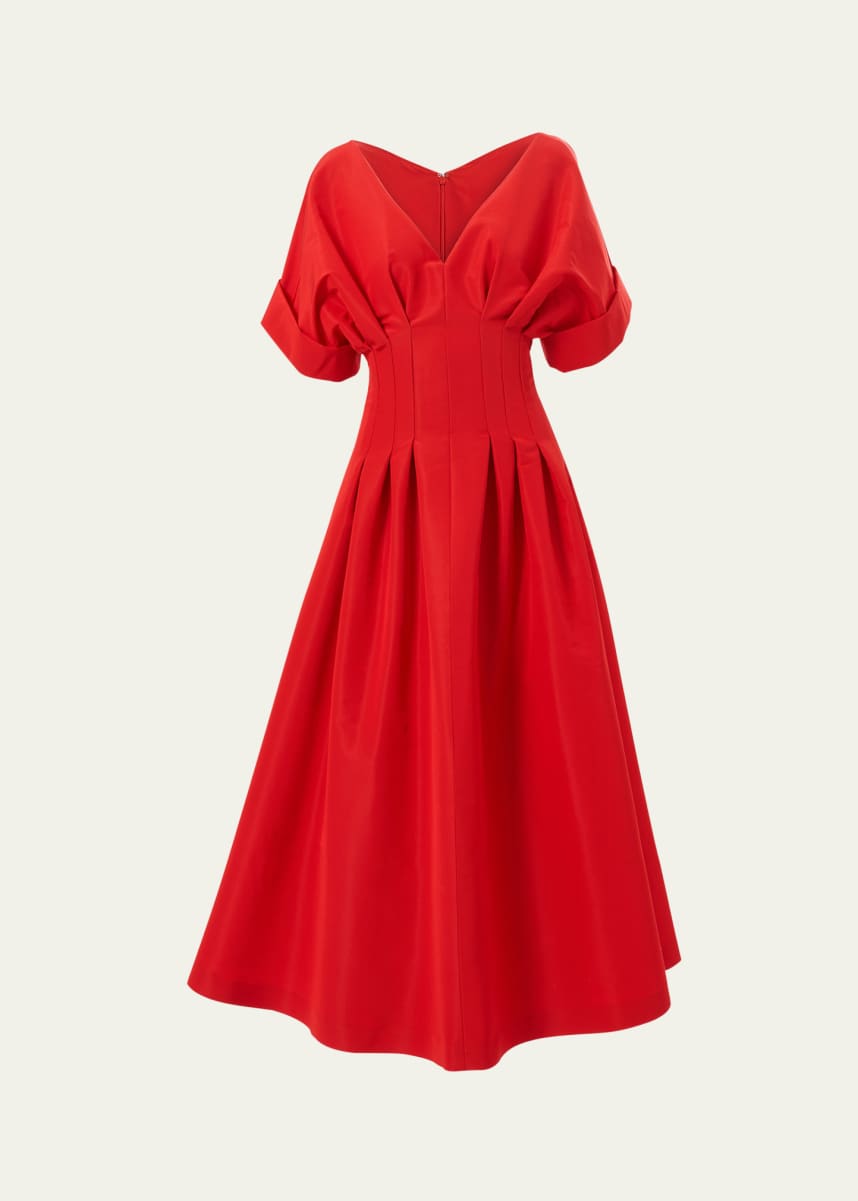 Carolina Herrera Pleated V-Neck Midi Fit-Flare Dress