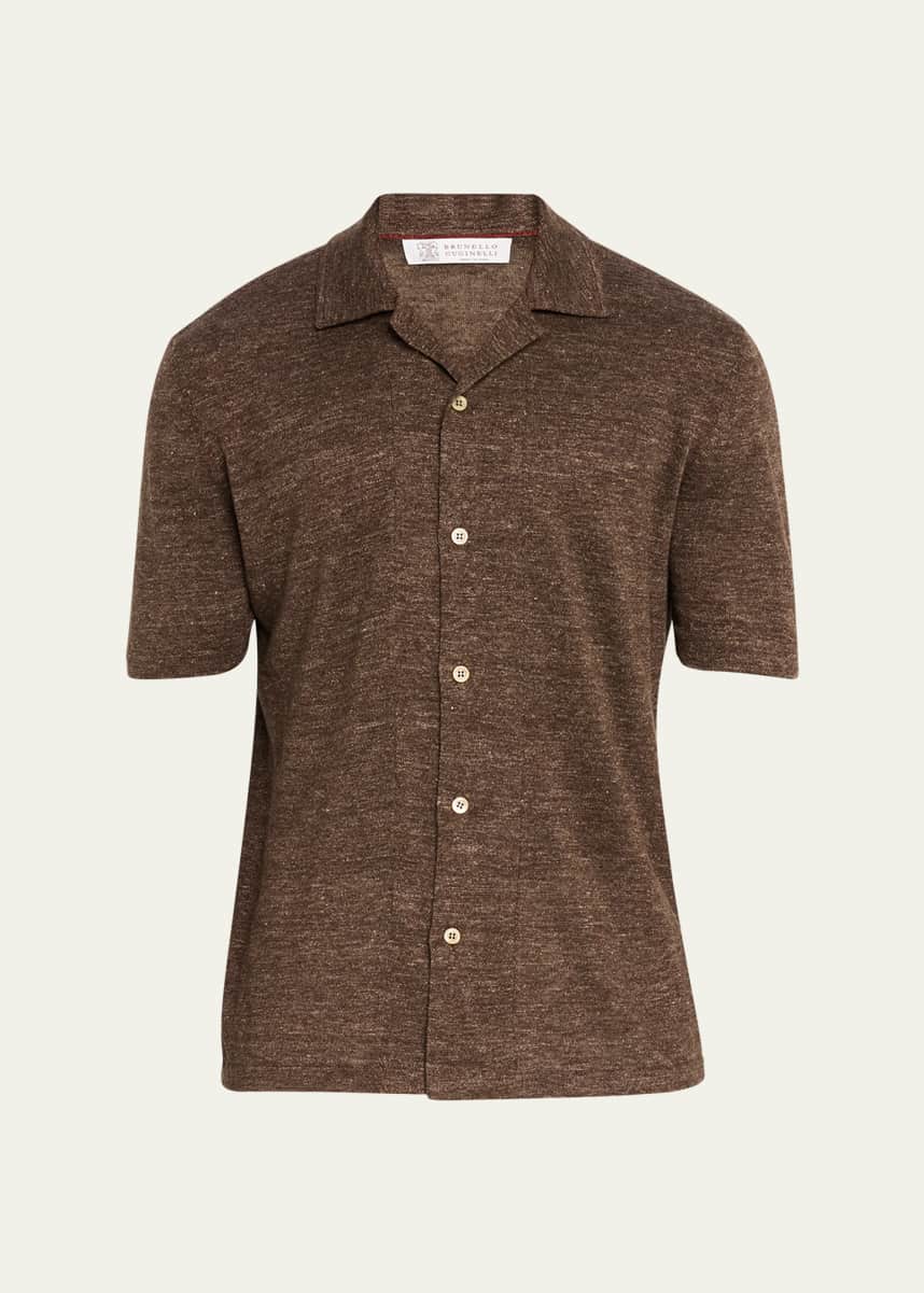 Brunello Cucinelli Men's Linen and Cotton Camp-Collar Polo Sweater