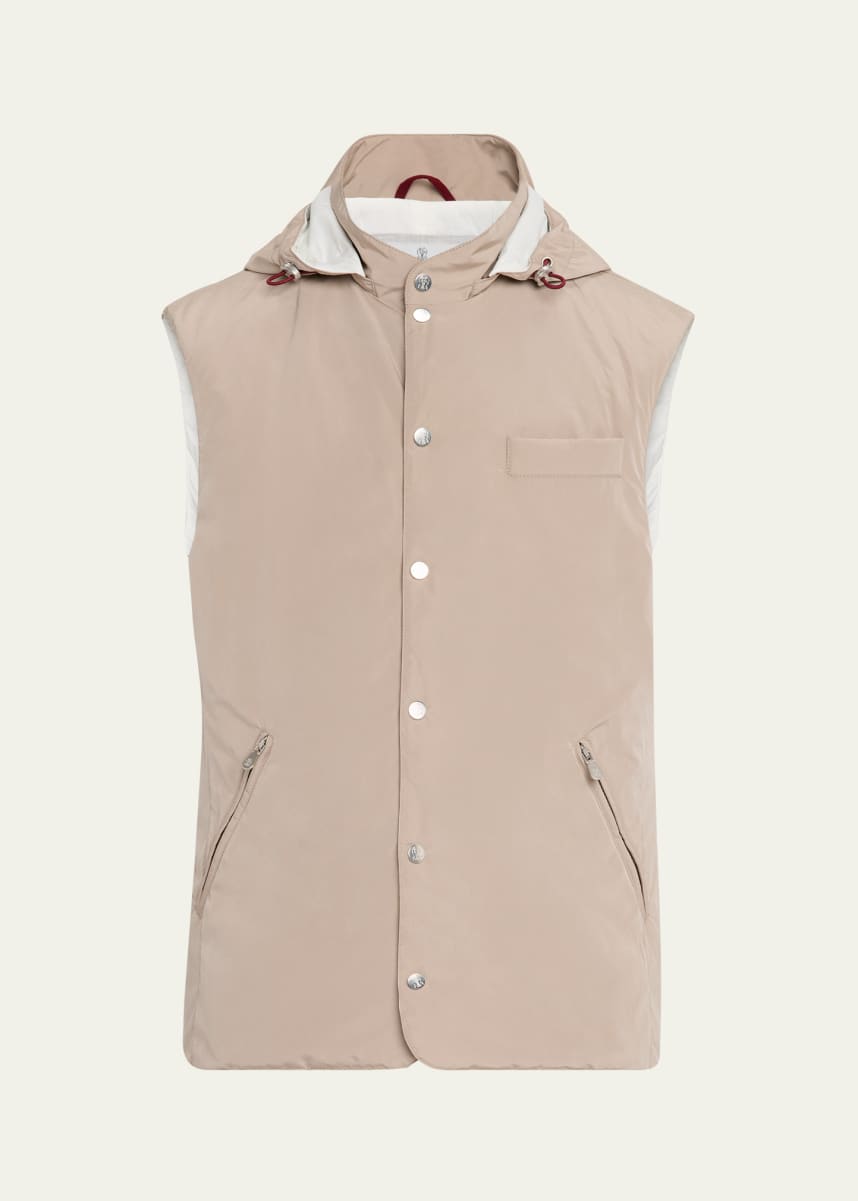 Brunello Cucinelli Men's Microfiber Hooded Snap-Front Vest