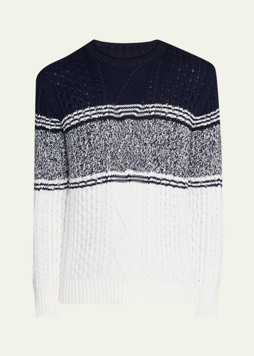 Brunello Cucinelli Men's Color Block Cable-Knit Crewneck Sweater