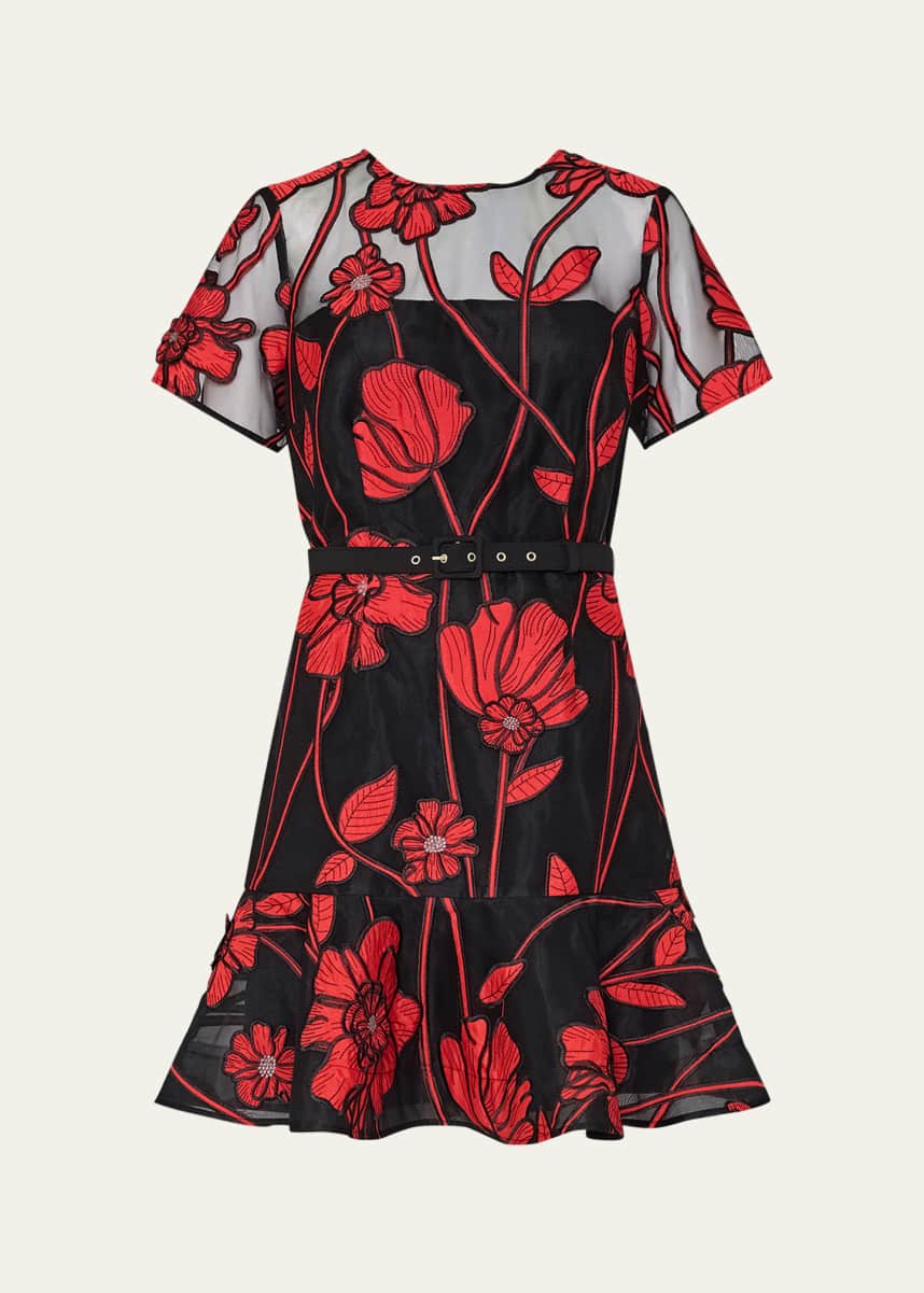 Milly Rosie Belted Floral-Embroidered Mini Dress