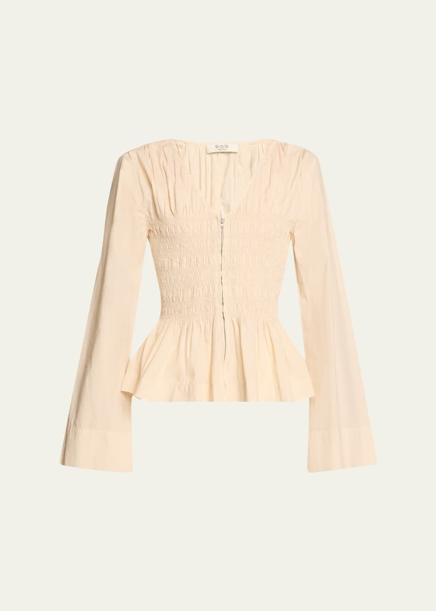 Sea Teri Smocked Zip-Front Peplum Top
