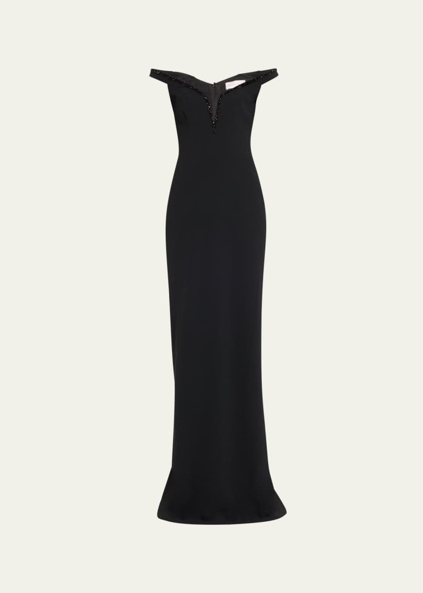 Pamella Roland Crystal Off-The-Shoulder Crepe Gown
